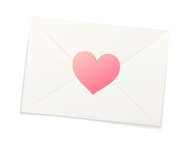 White realistic paper envelope with pink sticker in heart shape on white