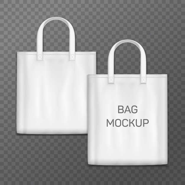 Vector white realistic shopping bag template isolated on background. textile handbag in front view.