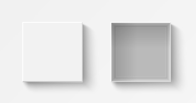 Белая реалистичная квадратная коробка, вид сверху с открытыми и закрытыми пластиковыми коробками