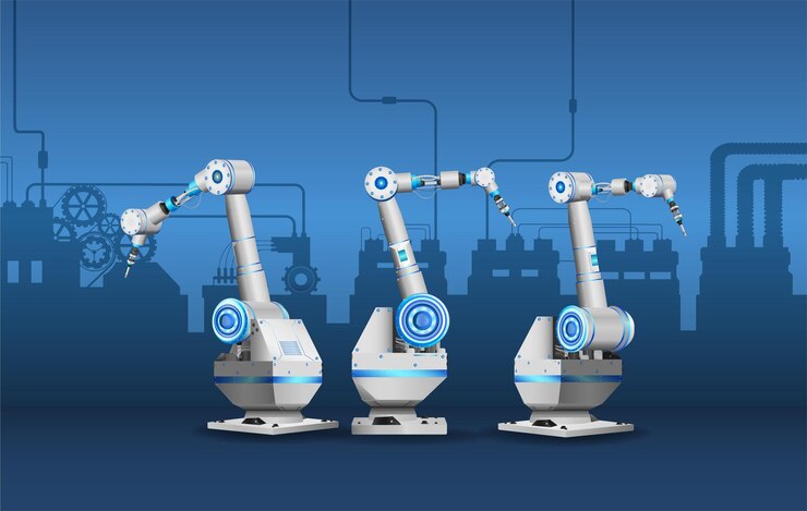Vector white robot arms in factory vector illustration
