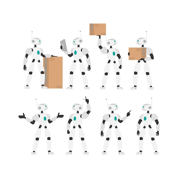 A white robot holds a box. set of futuristic robots.