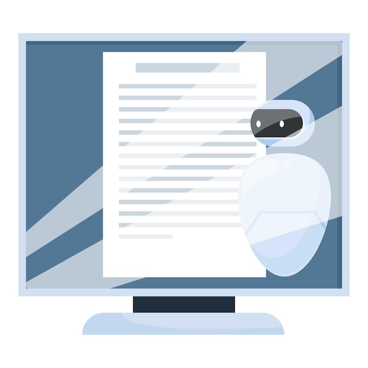 Vector white robot showing electronic document on computer screen