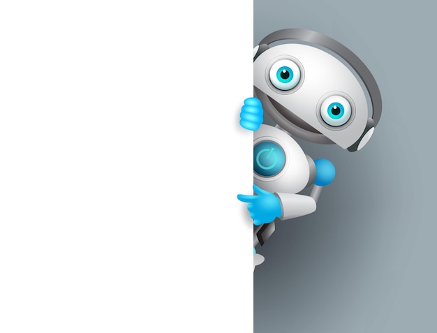 Vector white robot vector character holding empty white board for presentation