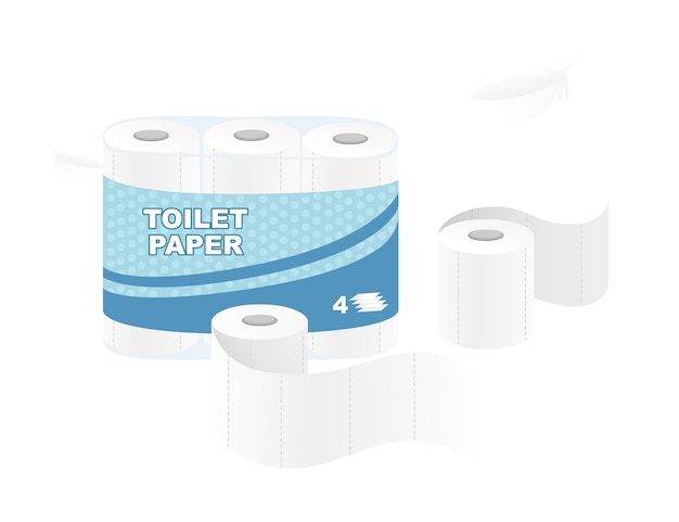 White roll disposable toilet paper pack design paper roll package with soft layers flat vector illustration isolated on white background