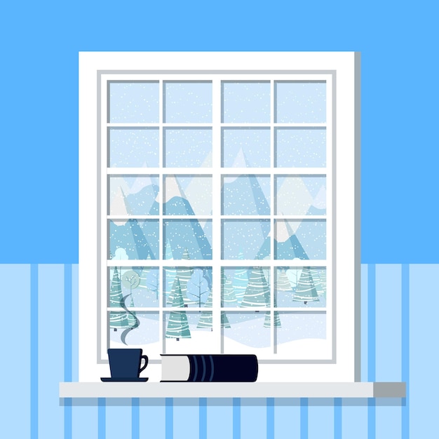 Vector white room window frame with cup and book on the windowsill in cartoon flat style.