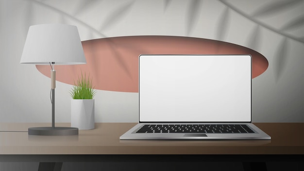 Vector white room with work desk laptop lamp and houseplants laptop with a white screen realistic style vector illustration