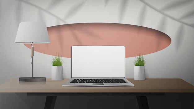 White room with work desk laptop lamp and houseplants laptop with a white screen vector illustration realistic style
