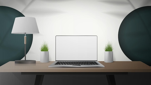 Vector white room with work desk laptop lamp and houseplants laptop with a white screen vector illustration