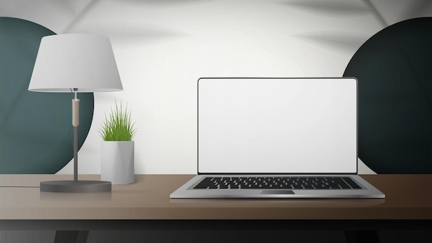 White room with work desk laptop lamp and houseplants Laptop with a white screen