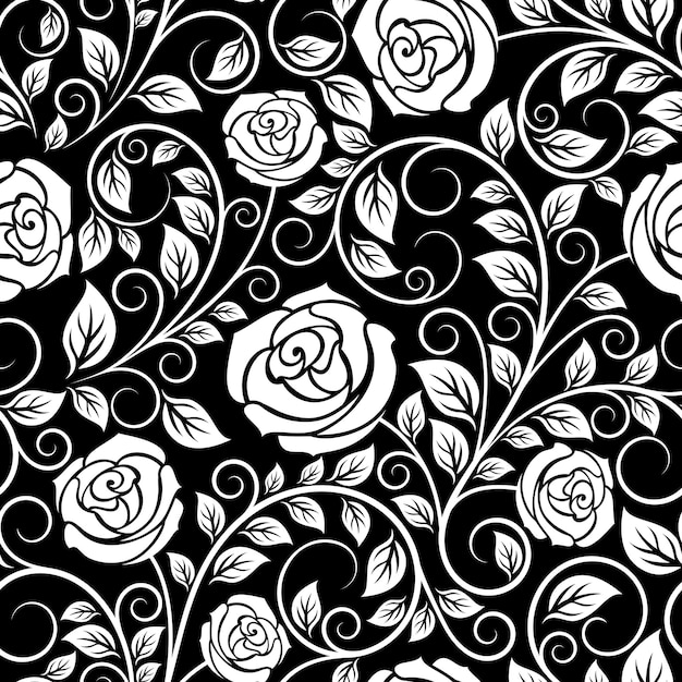 Белая роза цветочный бесшовный узор с загнутыми кончиками и изящными листьями на черном фоне для роскошного дизайна интерьера