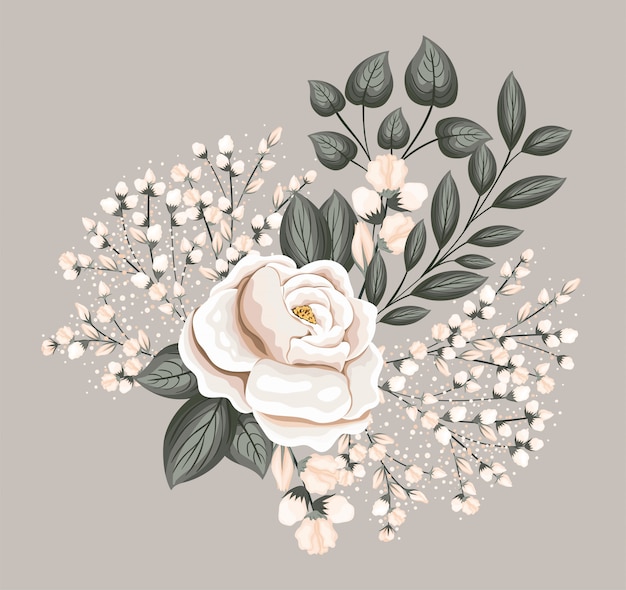 White rose flower with leaves painting design, natural floral nature plant ornament garden decoration