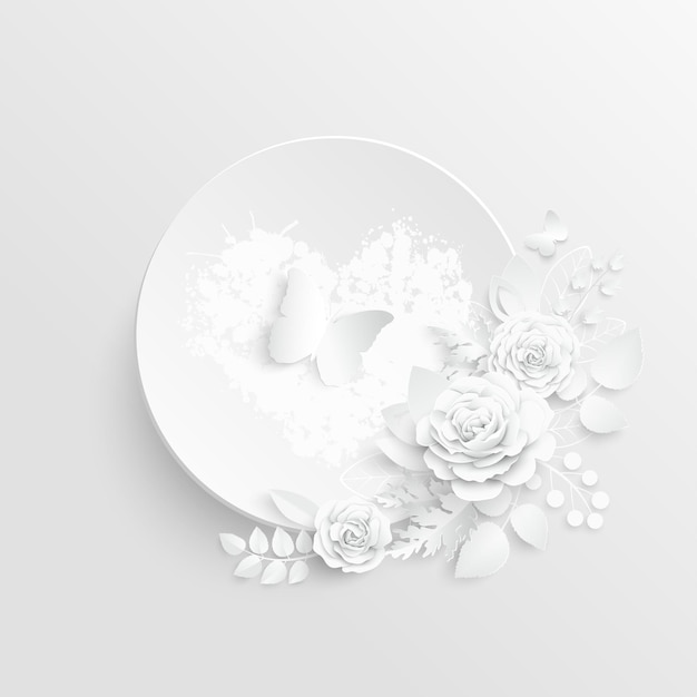 White rose Round frame with abstract cut flowers Vector illustration