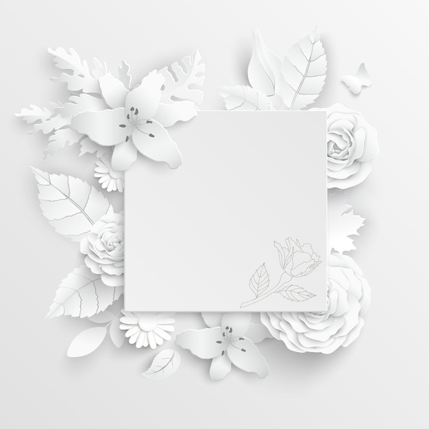 White rose Square frame with abstract cut flowers Vector illustration