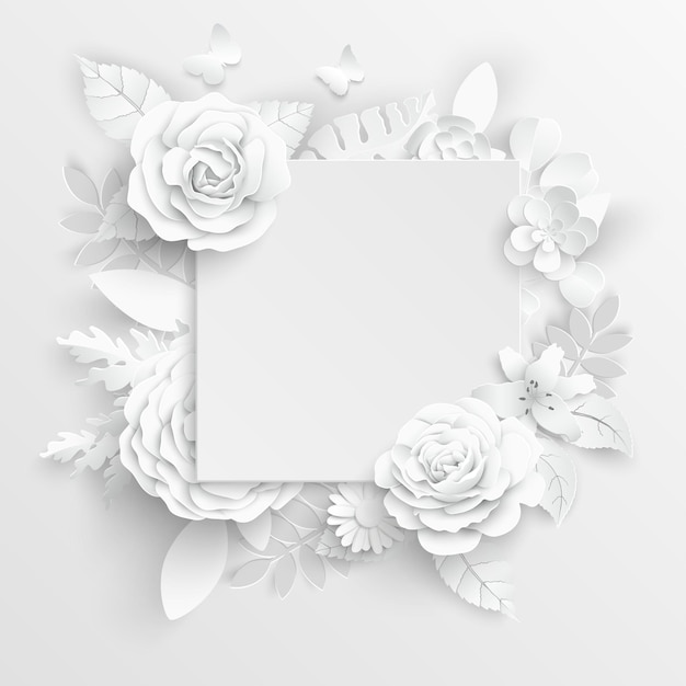 White rose Square frame with abstract cut flowers Vector illustration