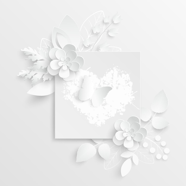 추상 컷 꽃 벡터 일러스트와 함께 흰색 장미 사각형 프레임