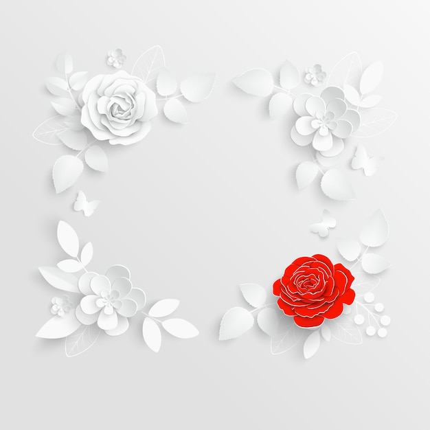 White rose Square frame with abstract cut flowers Vector illustration