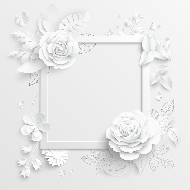 白いバラの正方形のフレームと抽象的な切り花ベクトルイラスト