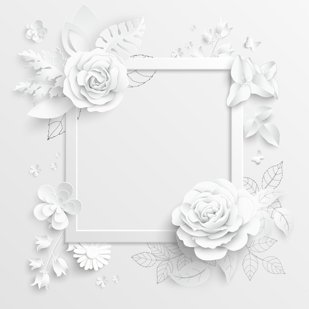 White rose Square frame with abstract cut flowers Vector illustration