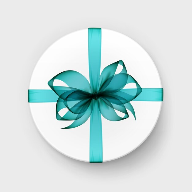 Vector white round box with blue bow and ribbon