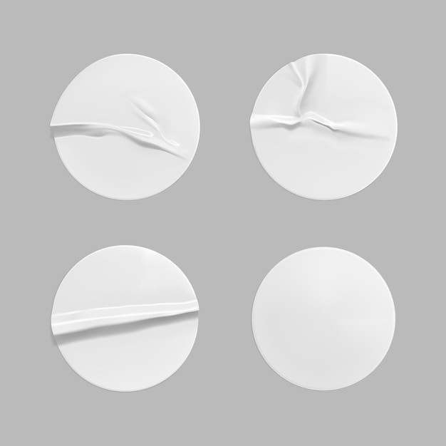 Vector white round crumpled sticker template set