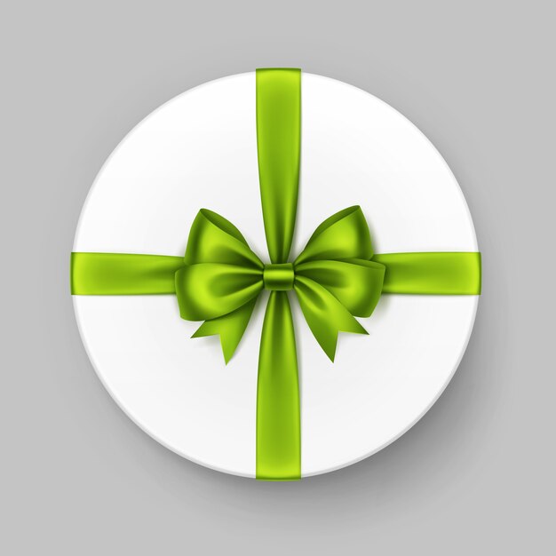 White Round Gift Box with Shiny Green Lime Satin Bow and Ribbon