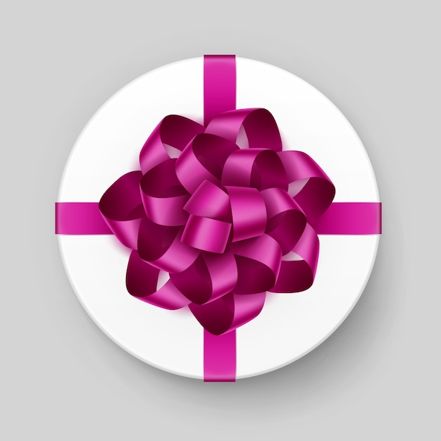 Vector white round gift box with shiny magenta dark pink bow and ribbon top view close up isolated on background