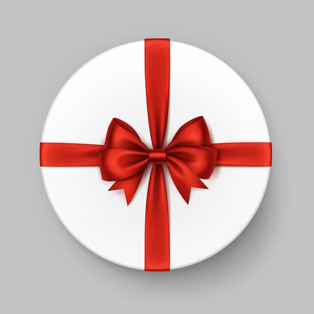 Vector white round gift box with shiny red satin bow and ribbon