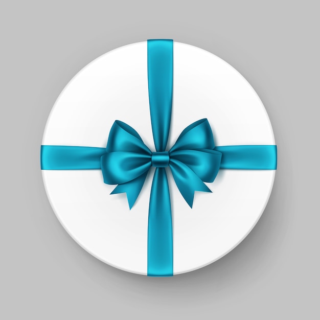 White Round Gift Box with Shiny Turquoise Satin Bow and Ribbon