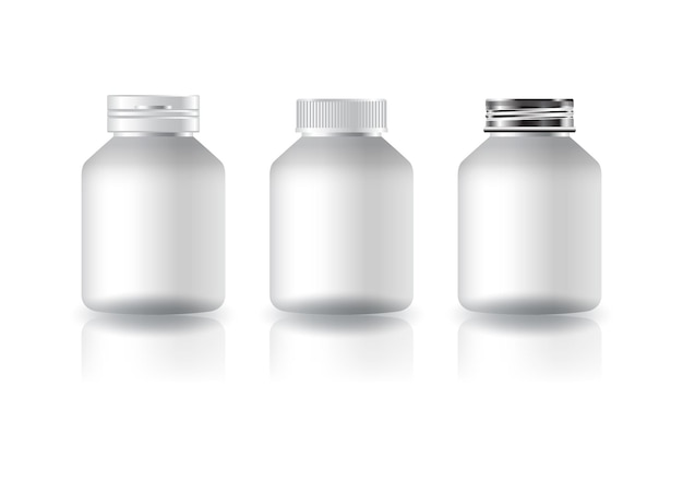 Вектор Белая круглая бутылка для лекарств с добавками 3 стиля, макет с белой крышкой, 3d вектор