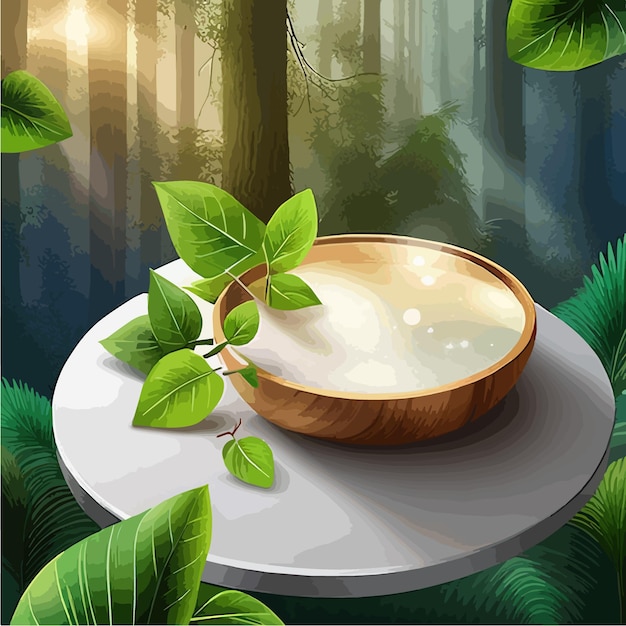 White round template podium mockup with natural organic cosmetic product green fresh leaves nature