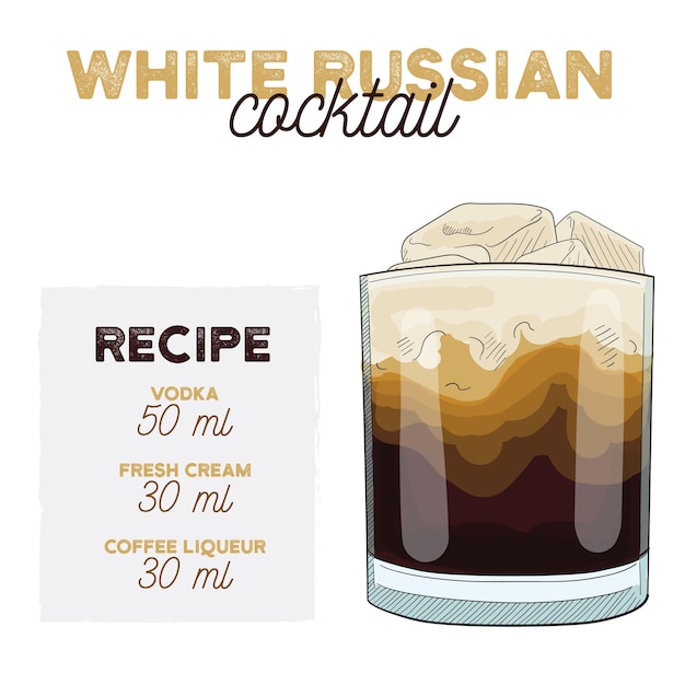 White Russian Cocktail Illustration Recipe Drink with Ingredients