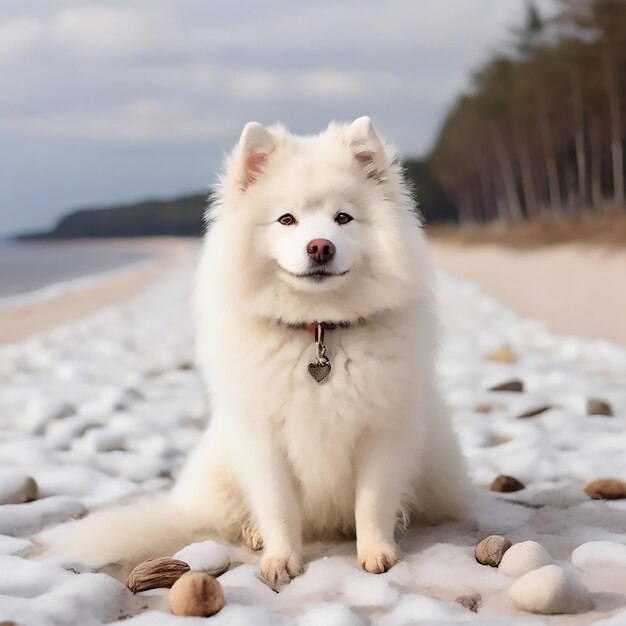 Vector white samoyed white dog is on snow beach in latvia