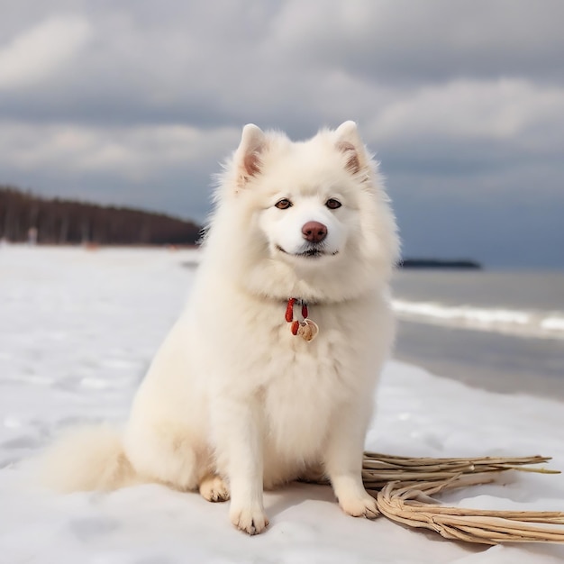 Il cane bianco samoiato è sulla spiaggia innevata in lettonia