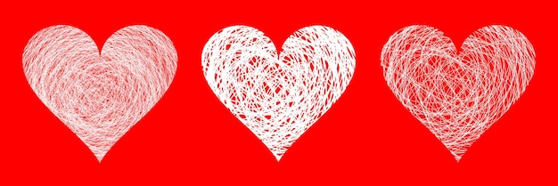Набор белых каракулей сердец Ручка нарисована вручную Иконки наброска сердца Векторная иллюстрация