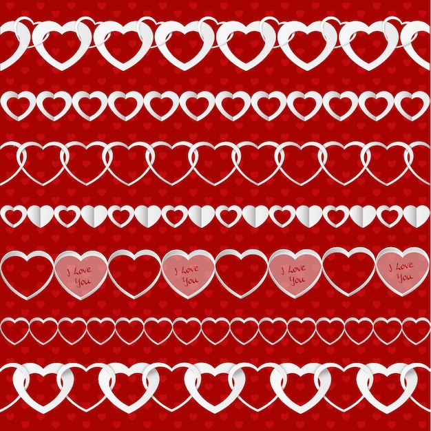 White seamless paper garlands from hearts set on red seamless pattern background