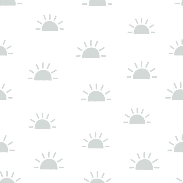 White seamless pattern with blue hand drawn suns. Fabric design with rising sun or sunset.