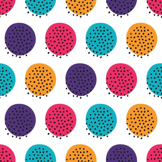 White seamless pattern with colorful circle with black dots.