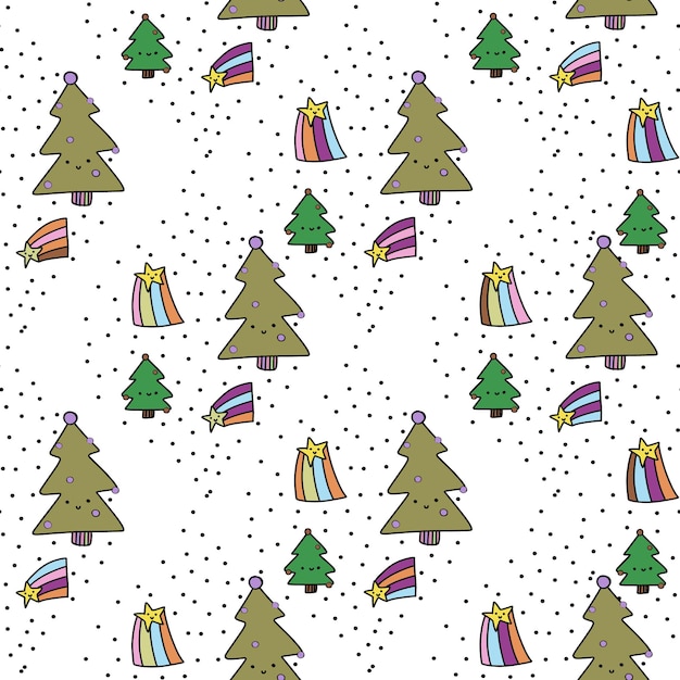 Motivo bianco senza cuciture con linee verdi dell'albero di natale e stelle doodle sfondo senza cuciture