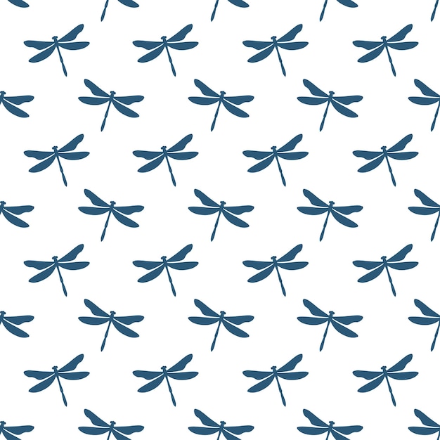 Vector white seamless pattern with navy dragonflies.