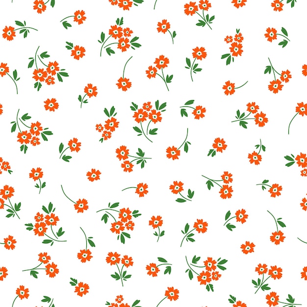 White seamless pattern with orange flowers and green leaves