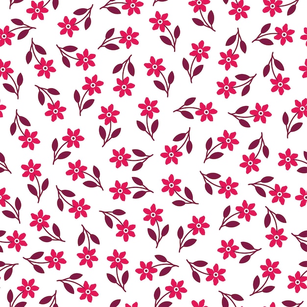 White seamless pattern with pink flowers with leaves.