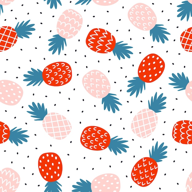 White seamless pattern with pink and orange pineapple