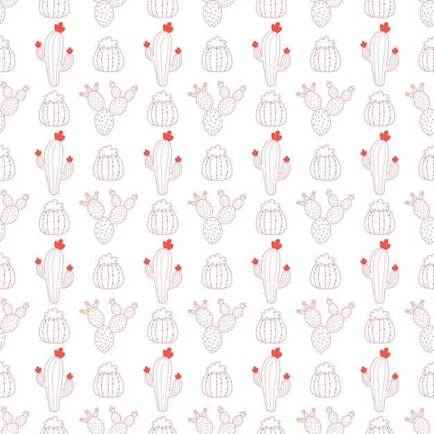 White seamless patterns with red outline cactus.