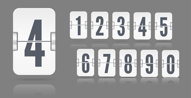 White set of flip numbers on a mechanical scoreboard with reflections floating on different height isolated on dark background. Vector template for your design.