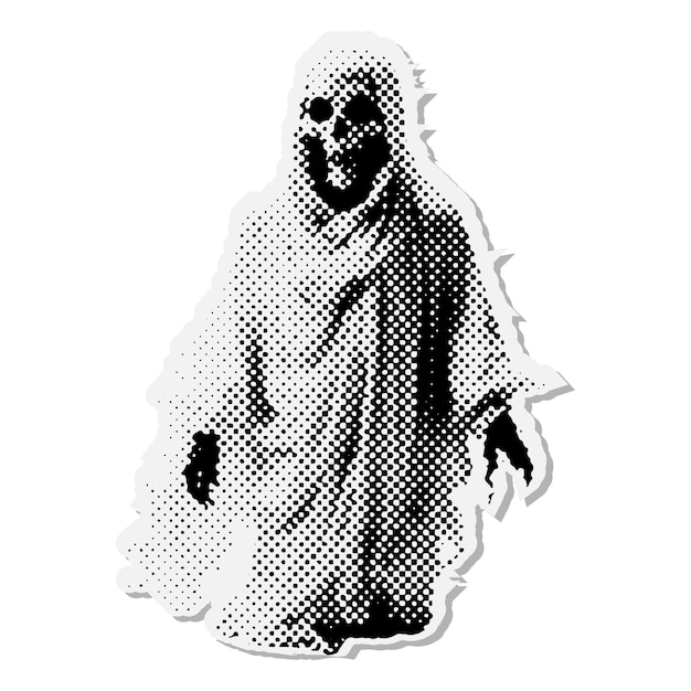 Вектор Белый лист призрак хэллоуин полутона смешанная техника коллаж бумажная наклейка пунктирная винтажная иллюстрация