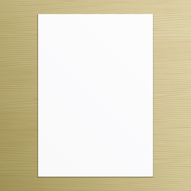 예술 또는 텍스트 배치를 위한 나무 배경 벡터 포스터 모형에 누워 있는 흰색 종이