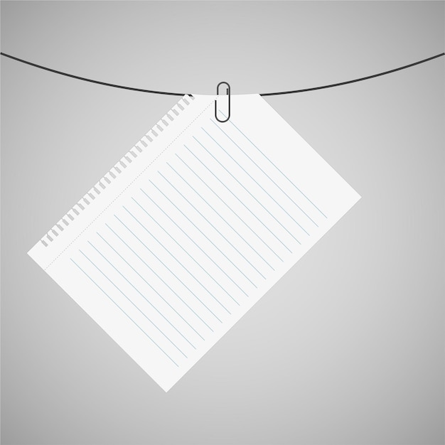 Vector white sheet of paper with lines hanging on the paper clip