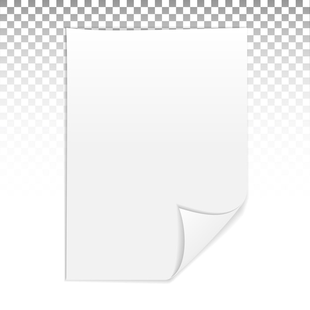 White sheet of a paper with a shadow on a transparent background rolled sheet of paper layout templa