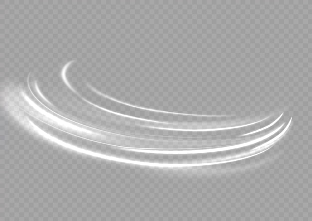 Vettore scintille bianche lucide dell'onda a spirale turbinii di linee di velocità luminose curve percorso ondulato lucido