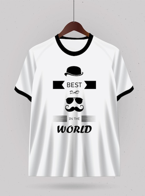 A white shirt with a black hat and a top that says best dad in the world.